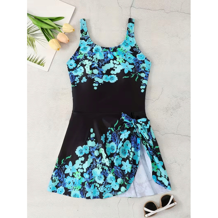 Коригуючий купальник-сукня Plus Size, чорний у квітку, розмір XL (42)