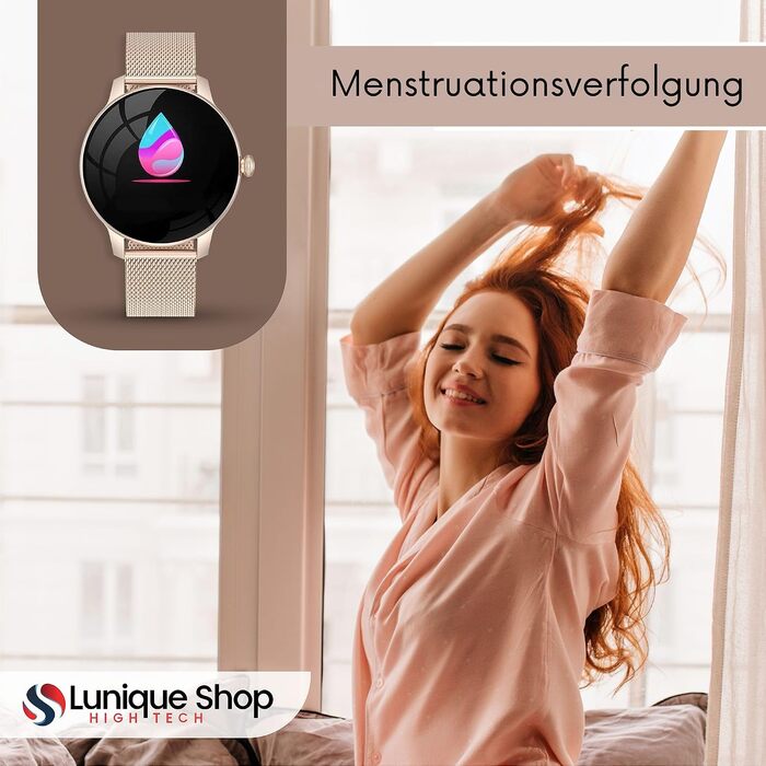 Смарт-годинник LSFIT для жінок круглий Rosegold: фітнес-трекер з вимірюванням кров'яного тиску, крокоміром та моніторингом сну, сумісний з Android та iOS