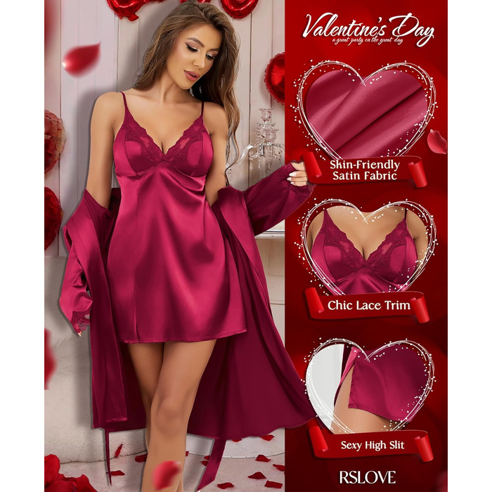 RSLOVE Комплект жіночого шовкового нічного одягу з мереживом - Сексуальна піжама, нігть, халат (L, Бордовий)