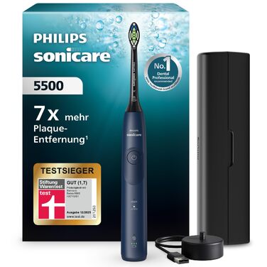 Електрична звукова зубна щітка Philips Sonicare 5500 HX7113/01, 2 режими чищення, контроль натискання, SmarTimer, синя (Navy), з футляром