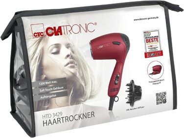Складаний дорожній фен Clatronic HTD 3429, 1200 Вт, 2 режими температури, з дифузором та сумкою, перемикач напруги 110/230В, червоний