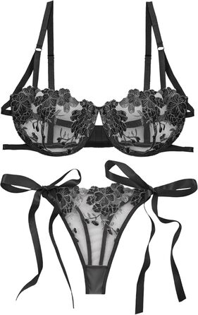 Сексуальна жіноча білизна Maeau: комплект бюстгальтера та танга з мереживом, мережаний прозорий трусики, пуш-ап, чорний, S-XL