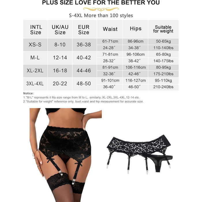 Сексуальний комплект спідньої білизни: страпгуртel з мереживом, широкі еластичні ремінці, чорний, великі розміри XL-XXL