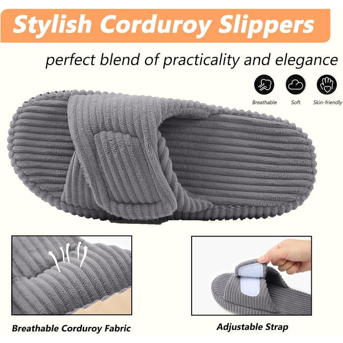 Жіночі домашні капці Coswind з ефектом пам'яті (Memory Foam), відкриті пальці, вельветові пантофлі, сірі, розмір 39/40 EU