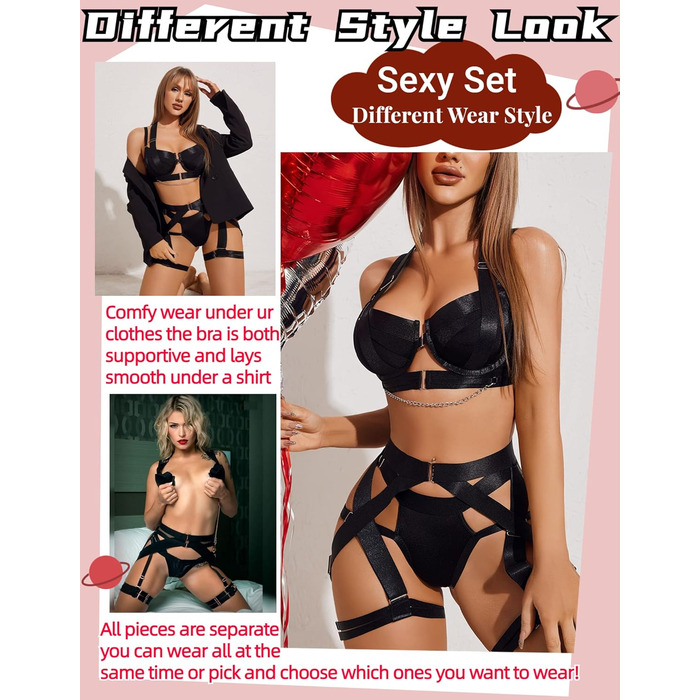 Avidlove Комплект сексуальної білизни для жінок: бюстгальтер з пуш-ап, трусики, бретельки, сліп, чорний