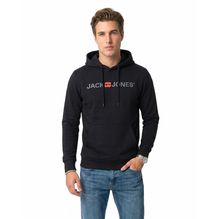 Чоловічий худі Jack & Jones Regular Fit JJEADRIAN з великим принтом на спині, чорний