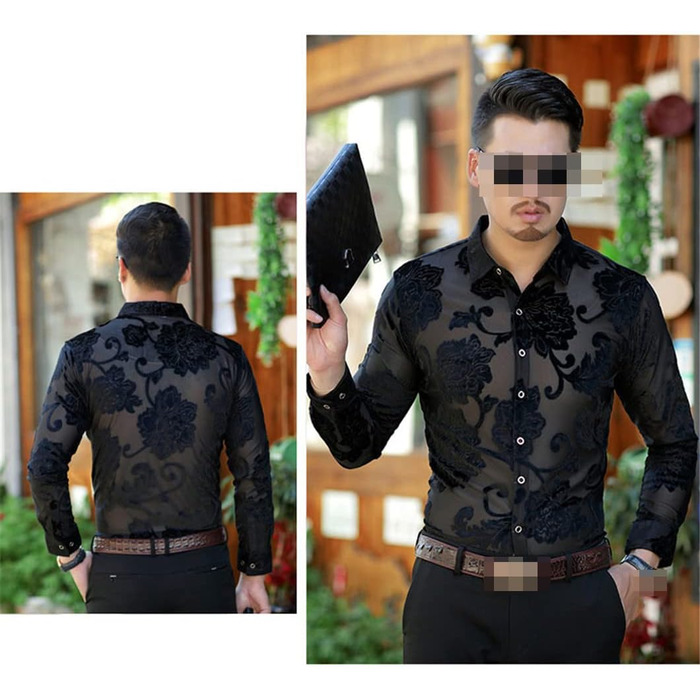 Чоловіча прозора сорочка Bollrllr з квітковою вишивкою, мереживна сорочка, сексуальний прозорий одяг, чорна сорочка XXL