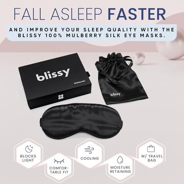Шовкова маска для сну Blissy — маска для очей з натурального шовку mulberry 22 моммі для повного затемнення, унісекс, чорна