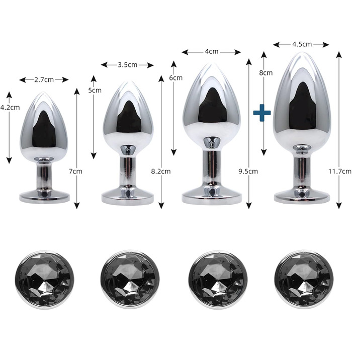 Набір анальних пробок (4 шт.) з металу, різних розмірів, для початківців, жінок, чоловіків, пар. Чорний колір.
