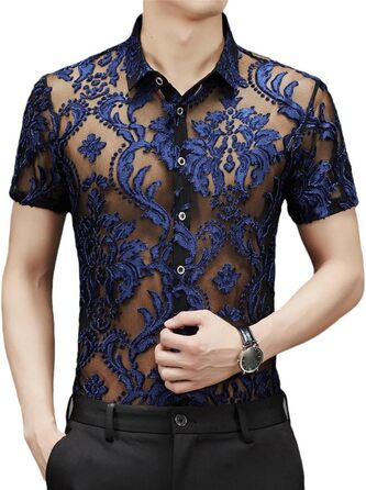 Чоловіча прозора сорочка з квітковим мереживом та сіткою, блакитна (L)