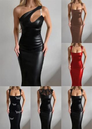 Чорне облягаюче сукня-олівець з еластичної шкіри для жінок, Bodycon, без спинки, міді, для вечірок та клубів, з PU шкіри, розмір XXL