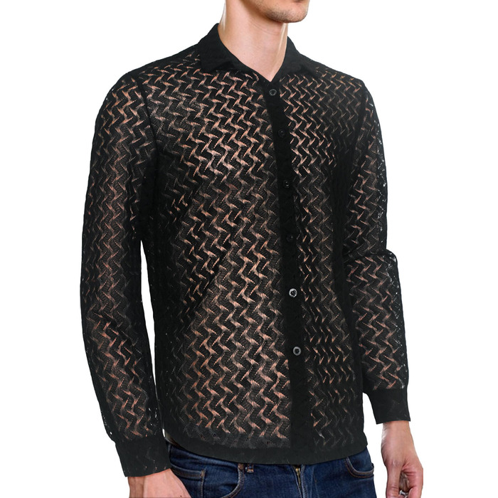 Чоловіча прозора сорочка з довгим рукавом Panegy, мереживна блузка, мережа, обтислий крій, клубний стиль (XXL, Чорний 8)