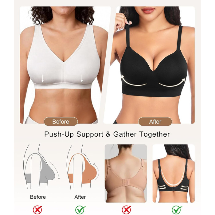 Натільний пуш-ап бюстгальтер для жінок без кісточок, бездротовий, з м'якою підтримкою, двошаровий чашечка, звичайні та великі розміри, V-подібний виріз, міцний бюстгальтер, чорний, S
