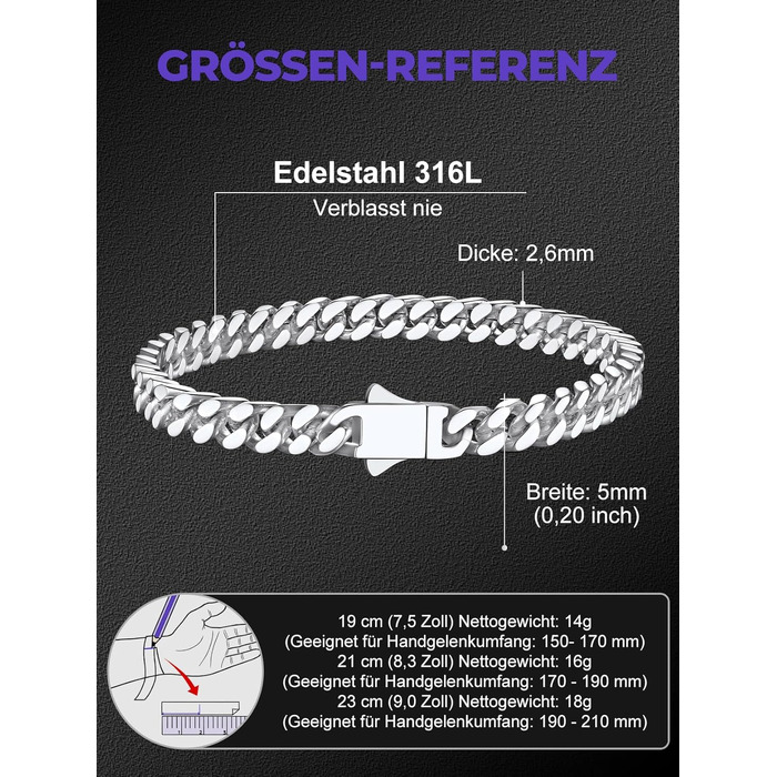Чоловічий браслет Richsteel Cuban Link зі сталі 316L, ланцюг у стилі хіп-хоп (сріблястий, 5 мм, 23 см) — подарункова упаковка
