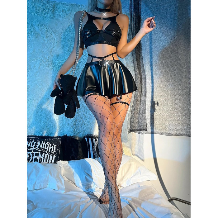 Комплект жіночої білизни Lilosy: панчіхони, чокер, ремінець, бюстгальтер з під підняттям, спідниця, чорний, XXS