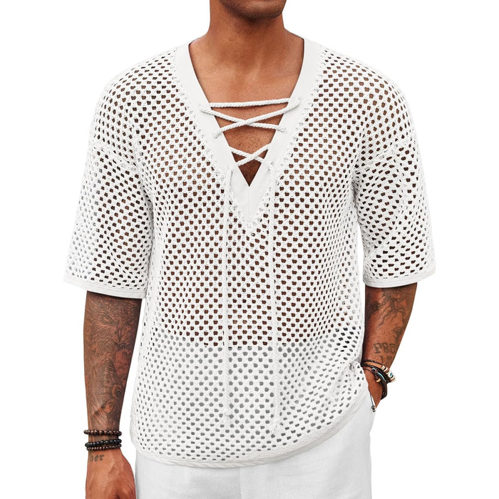 Чоловіча пляжна сорочка Runcati з шнурівкою, V-подібний виріз, в'язана, мереживна, прозора, літня сорочка (Білий/Розкішний сад, M)
