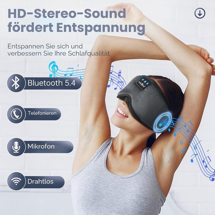 Маска для сну з Bluetooth-навушниками MUSICOZY, 3D затемнення 100%, версія 5.4, 16 годин роботи, м'яка пов'язка для сну, подорожей та медитації (Антрацитовий сірий)