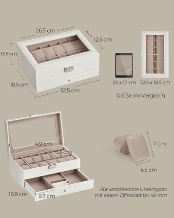 Бокс для годинників SONGMICS на 12 штук зі скляною кришкою та замком, 2 рівні, шухляда для каблучок та браслетів, PU-шкіра (Білий/Бежевий) JWB012K01