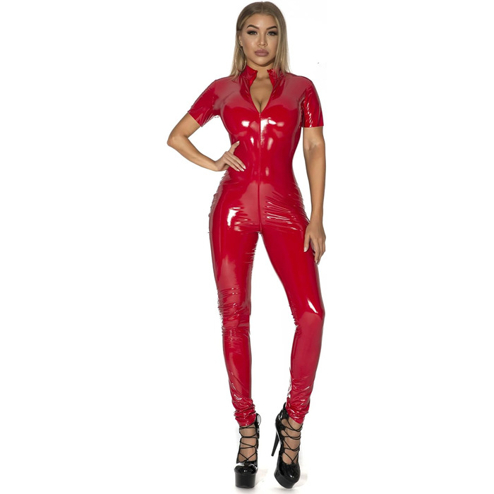 Костюм-комбінезон FEOYA з лакованої шкіри для жінок, облягаючий, червоний, з блискавкою спереду