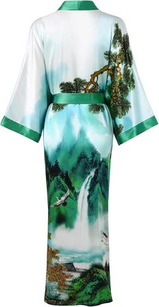 Шовковий халат-кімоно Ledamon для жінок, довгий, 100% шовк - класичний квітковий халат, нічна сорочка (універсальний розмір, пейзаж, весна)