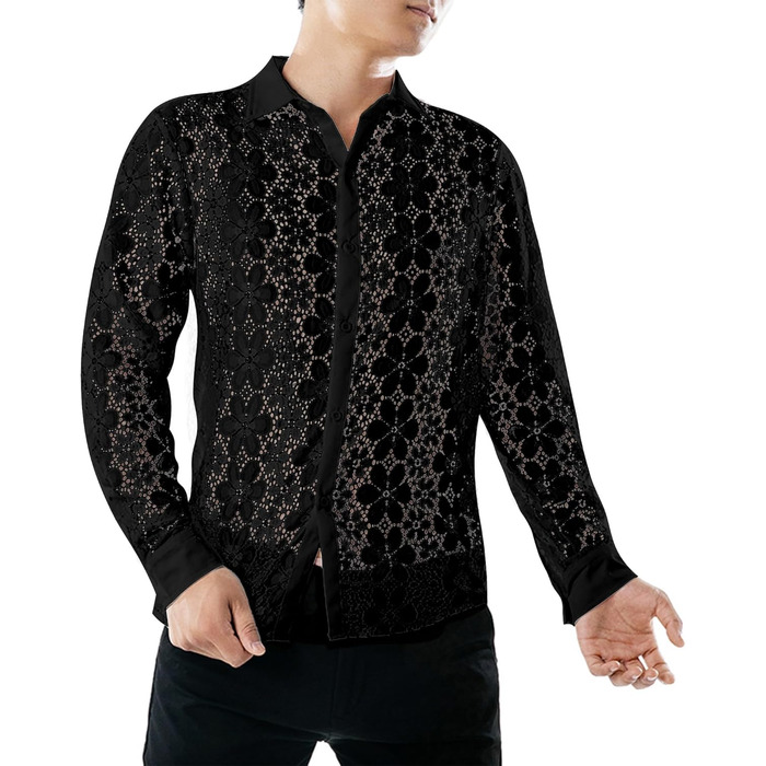 Чоловіча прозора сорочка з квітковим принтом Crongless, мереживо, застібка на ґудзики, довгі рукави, повсякденна сорочка для вечірок (XXL, чорний)