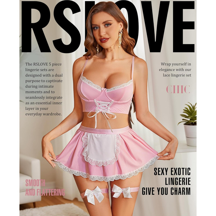 Сексуальний комплект білизни RSLOVE: костюм покоївниці з сукнею-негліже для косплею, рожевий, розмір XXL
