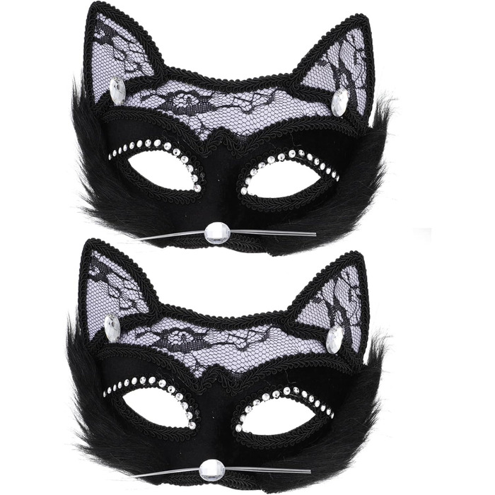 Маска котячого обличчя Holibanna для Хелловіну, 8 шт. - чорна маска, маска для карнавалу, плюшеві маски з мереживом