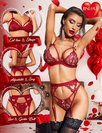 Комплект спідньої білизни RSLOVE для жінок: мереживний тіло, боді, 3 частини, темно-червоний, розмір L