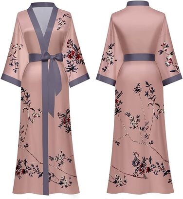 Халат жіночий атласний максі, довгий, шовковий кімоно, халат-сукня з квітковим принтом, легкий жіночий халат для літа, довга роба, піжамний халат, для вечірки (універсальний розмір, темно-рожевий)
