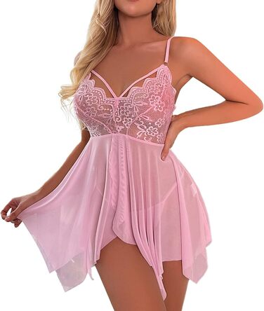 Сексуальна спідниця-комбінезон Dessous для жінок великих розмірів. Ефектна спідниця-комбінезон з V-подібним вирізом, мереживо, babydoll. Ідеальна для свята Валентина. (Рожевий, L)