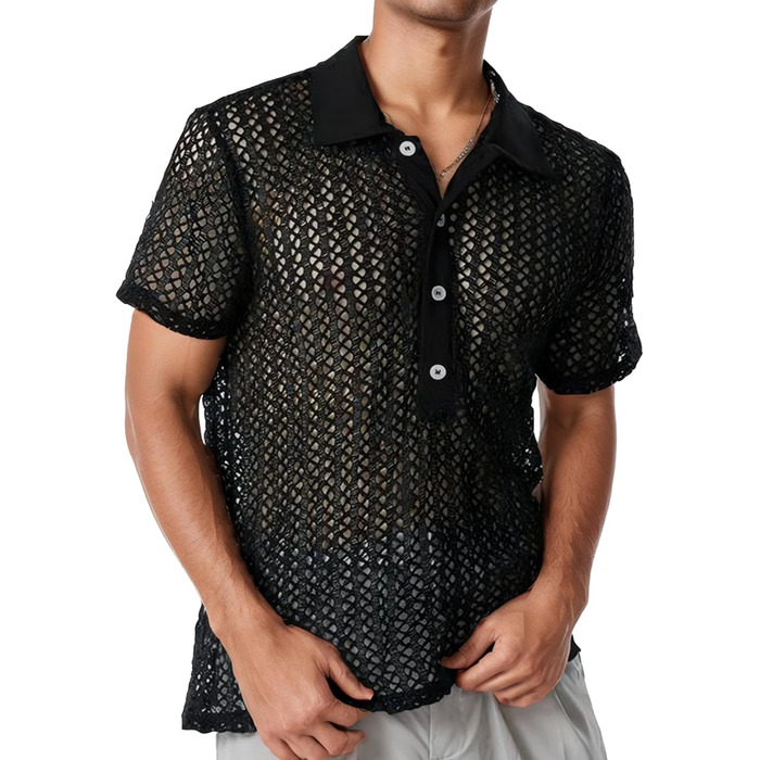 Чоловіча прозора сорочка-сітка, сексуальна білизна, мережевий топ, футболка з відкритим торсом, облягаючий крій, для клубу, вечірки, рейву, чорний, S-3XL