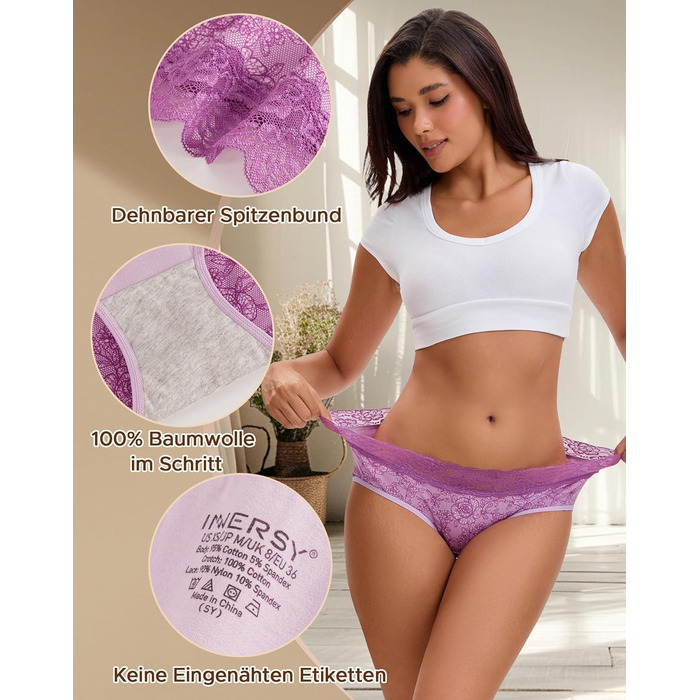 Слідки жіночі INNERSY бавовна з мереживом, комфортні, трусики-хіпстер, набір 6 шт. (46, 1 фіолетовий з квітковим принтом/5 червоних та рожевих серій)