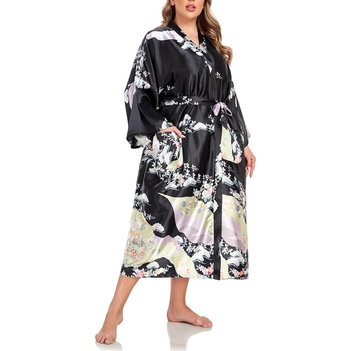 Кимоно халат для жінок, великі розміри, сатин, квітковий принт, чорний, XL