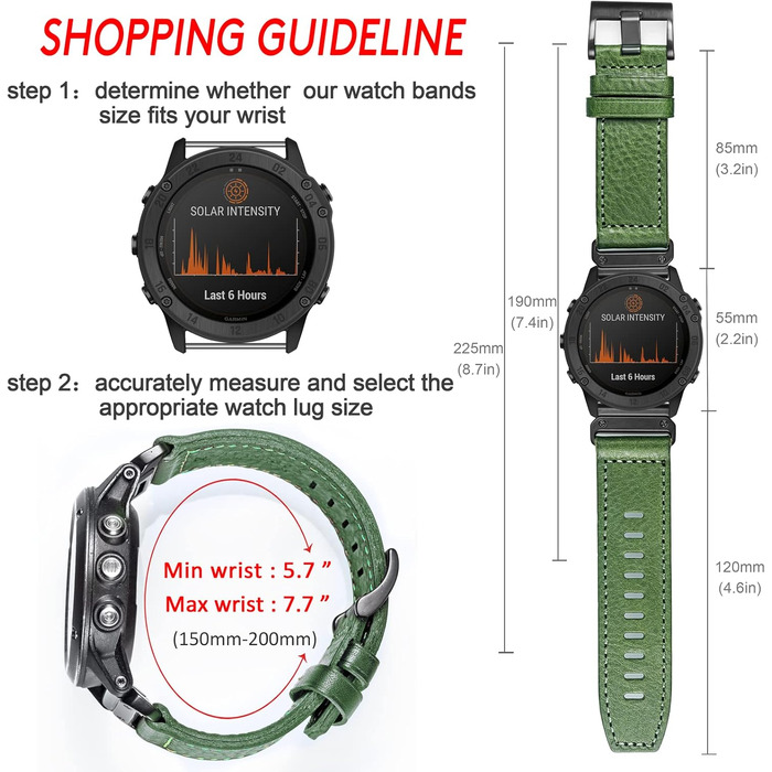 Шкіряний ремінець для годинників Garmin (26мм) — Ретро-вінтажний замінний браслет для Fenix, Forerunner, Vivoactive, Approach, MARQ, Quatix, D2 Series, Зелений