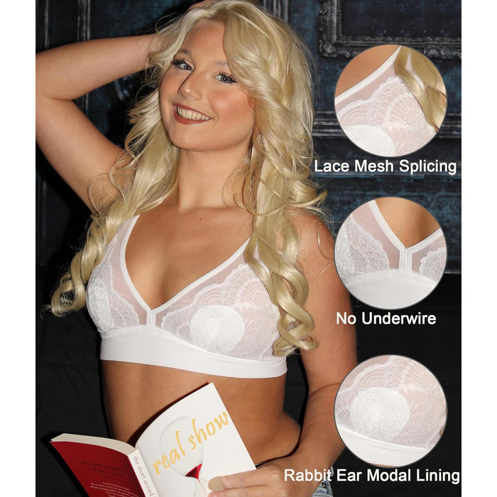 Avidlove жіночий мереживний бюстгальтер без кісточок, V-подібний виріз, мереживний бралет, без підкладки, на тонких бретелях, повсякденний, зручний, класична білизна (M, білий)