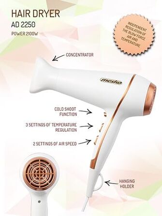Фен для волосся Mesko 2100 Вт, білий (Cloudy White) — 2 швидкості, 3 температурні режими, поворотна насадка-концентратор