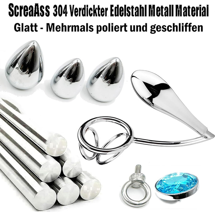 Анальний гачок ScreaAss з кільцем для пеніса, кільцем для яєчок та 4 анальними пробірками, набором для BDSM, металевий, срібний, 50 мм
