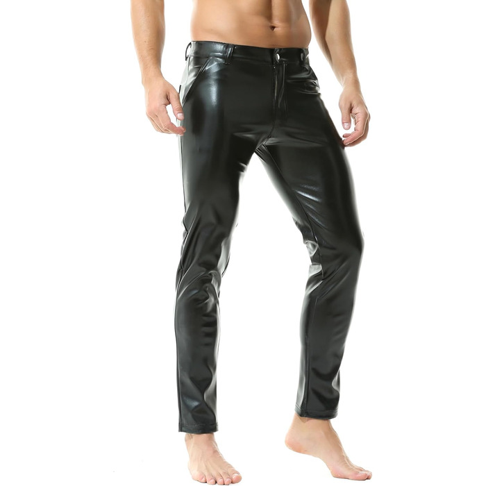 Чоловічі штани з екошкіри QiaTi - стильні прямі штани з еластичною тканини для мотоциклів та нічного клубу, чорного кольору, розмір L