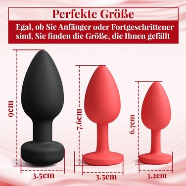 Анальні пробки з вібрацією для жінок та чоловіків, набір 3 шт. з 10 режимами, силікон, анальні вібратори для початківців та професіоналів, чорний/червоний