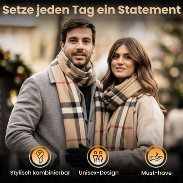 Унісекс шарф у клітинку KARMA.DIEM London Style, м'який зимовий шарф для жінок та чоловіків, пісочно-бежевий, 35x170 см