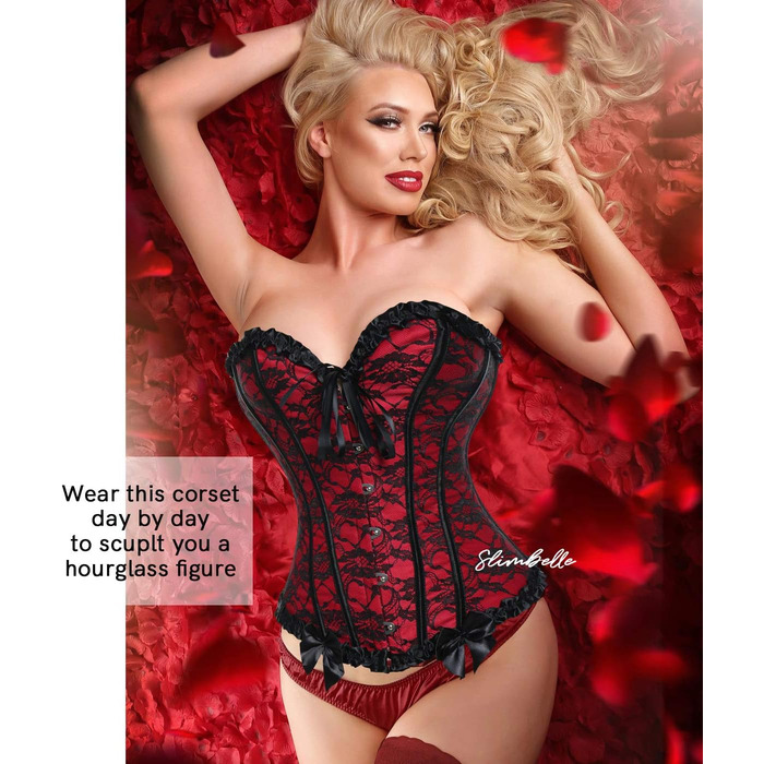 Корсетний топ SLIMBELLE для повного бюсту: готичний корсет з мереживом та імітацією шкіри, з банелом XL, червоний