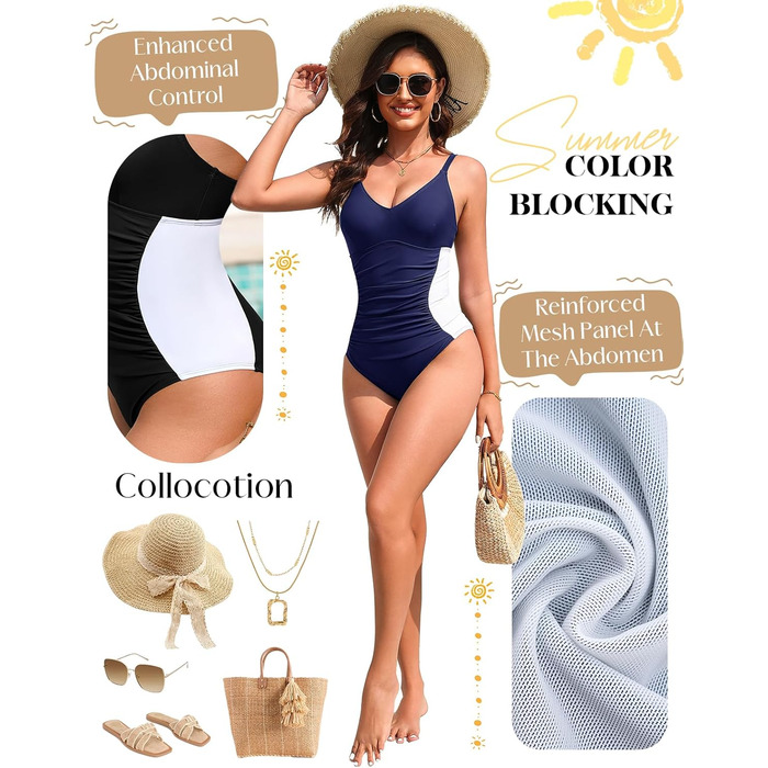 Зручний купальник для жінок Badeanzug Damen: фігуроформний, з V-подібним вирізом, підтримуючими бретелями та боковими шнуруванням (Морська синя, L)