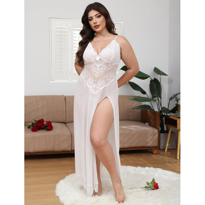 IBAKOM Ніжне мереживне нігліжє з V-подібним вирізом для жінок великих розмірів. Комплект спідньої білизни з G-стрінгом, піжама, сексуальна нічна сорочка, великий розмір (4XL, білий)
