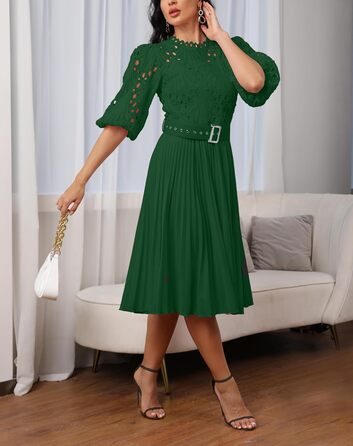 Сукня міді Spitzenkleid: плісе, пишні рукави, довжина міді, зелена (M)