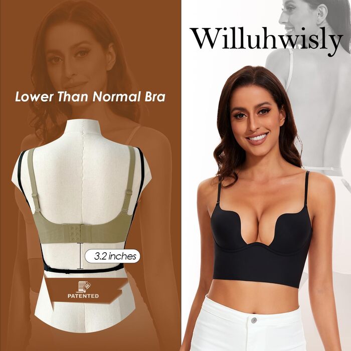 Жіночий бюстгальтер Willuhwisly без спинки, з регульованими положеннями, глибокий виріз, безшовний, трансформуючий, чорний (85C)