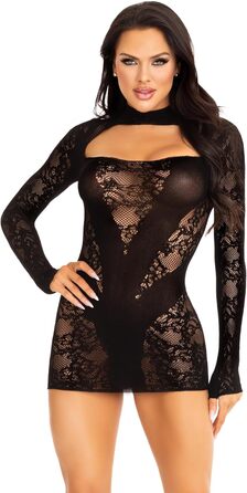 Чорна міні-сукня Leg Avenue з мереживом, рукавички та вставка з непрозорого матеріалу, універсальний розмір