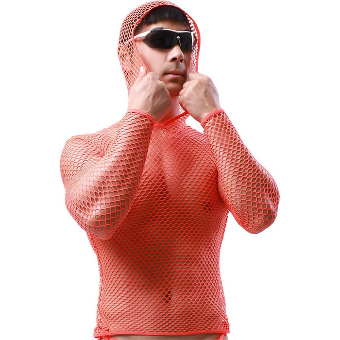 Чоловічі прозорі футболки з капюшоном, сітка, довгі рукави, фітнес, спорт, клубний стиль, для танців, білий M