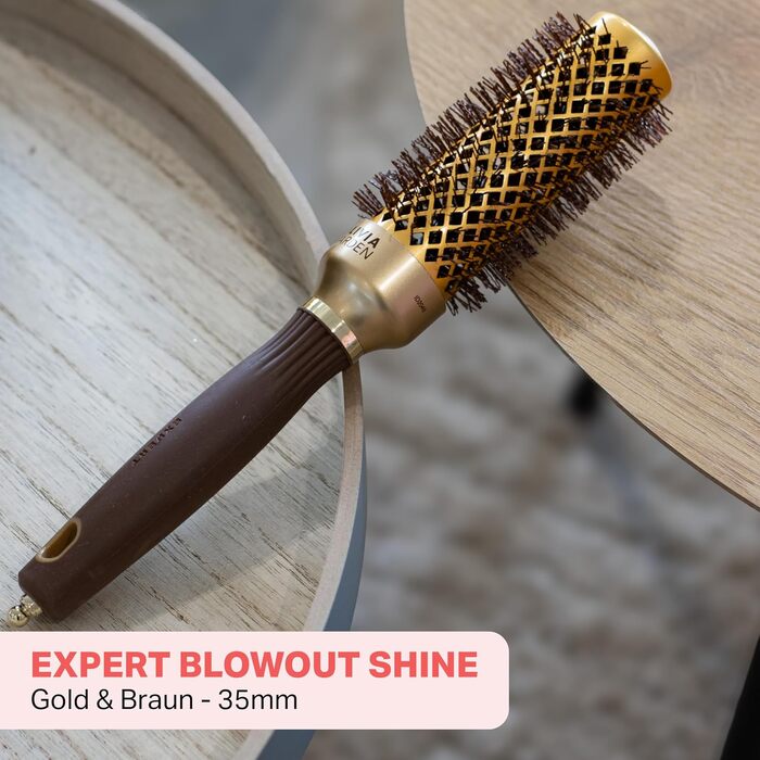 Керамічна кругла щітка для волосся Olivia Garden Expert Blowout Shine Gold & Brown, 35 мм — антистатична для гладких та блискучих локонів