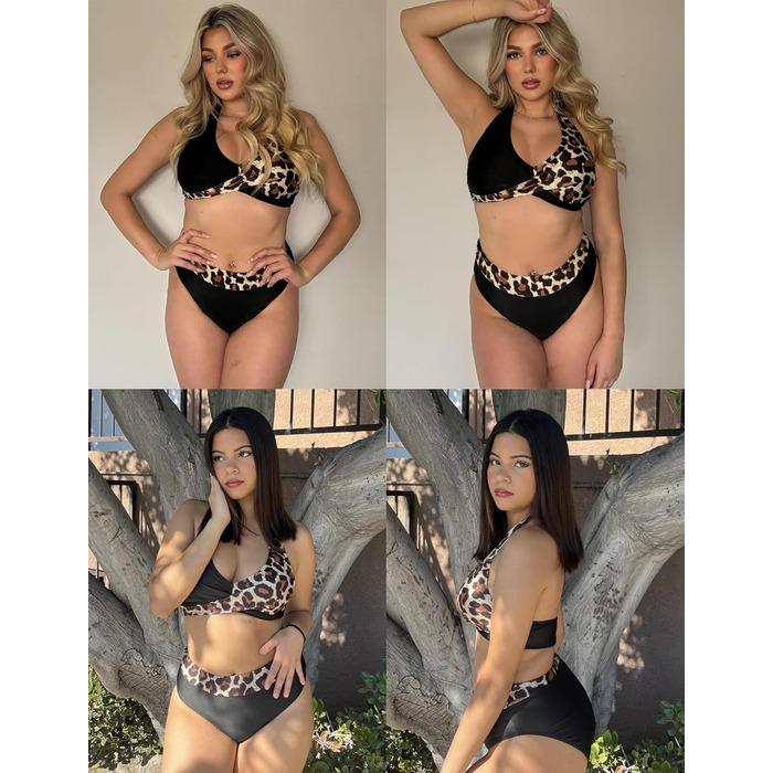 Бікіні жіночий комплект Екауер: двочастинний купальник з високою талією, ефект корекції живота, на зав'язках, S-X (XL, леопард)