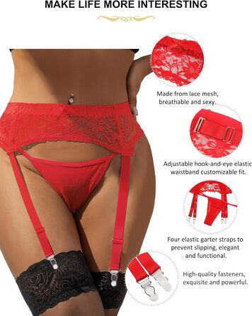 Жіночі мереживні стрінг-тримачі для панчіх з широким поясом та 4 кліпсами, сексуальні стрінг-тримачі великих розмірів, прозома білизна, жіночий набір, регульовані стрінг-тримачі з танго, галстук для панчіх, підвіски (M-L, 2шт - червоний стрінг-тримач + па